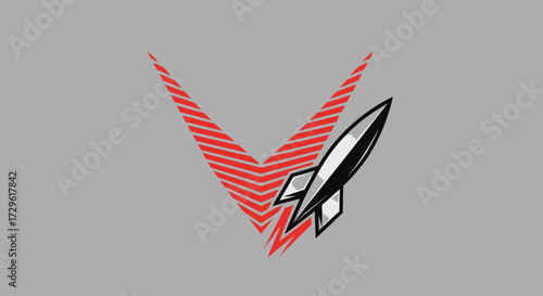 Rocket ship logo design with red chevron lines and modern style.