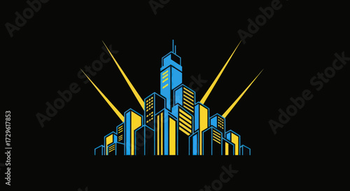 Modern Cityscape with Bright Searchlights at Night.