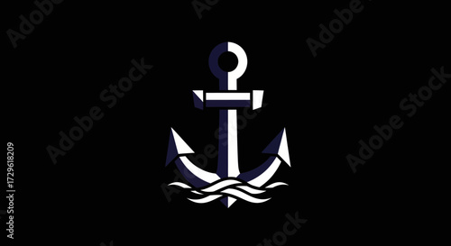 Stylized white naval anchor with waves illustration.
