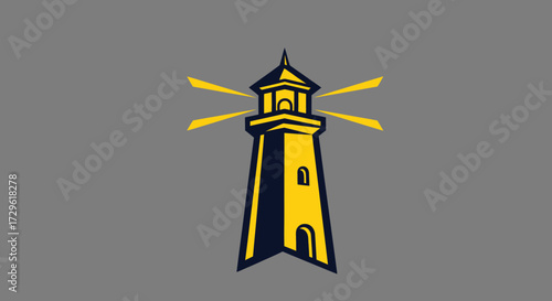 Stylized yellow lighthouse beacon shining bright light beams.