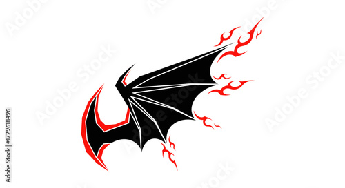 Black Bat Wing with Red Flames Vector Illustration.