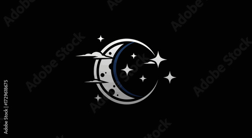 Stylized crescent moon with stars and clouds logo illustration.