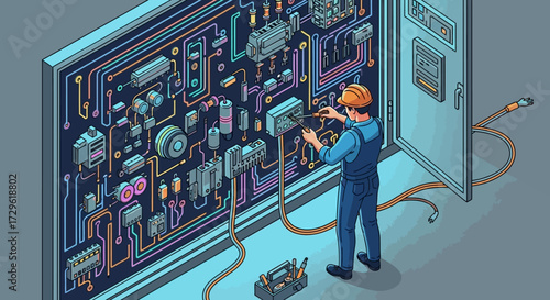 Isometric illustration of an electrician working on a complex control panel.