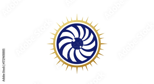 Abstract circular logo with blue swirling blades and golden sun rays.