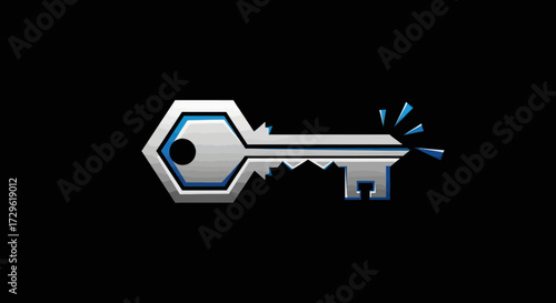 Stylized Key with Hexagonal Head and Sparkles on Black Background.