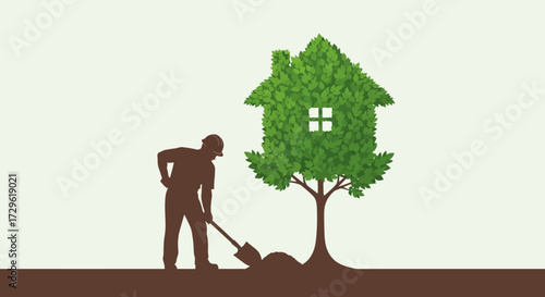 Man planting a tree shaped like a house symbolizing sustainable living and green architecture.