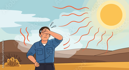 Man shielding eyes from sun heat in desert environment.