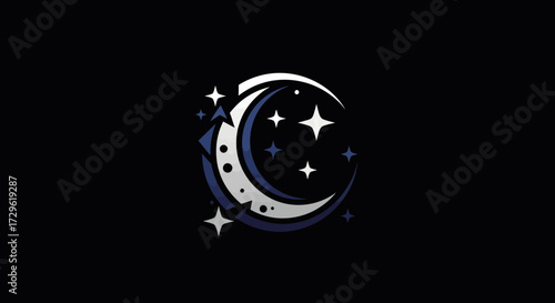 Crescent Moon and Stars Illustration on Black Background.