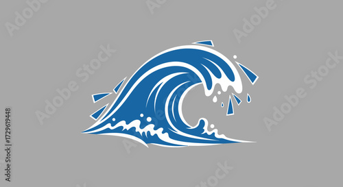 Blue Ocean Wave with White Crest and Splashes Illustration.