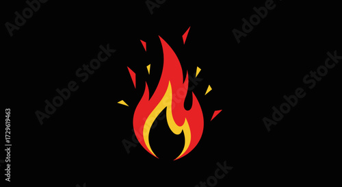 Stylized cartoon fire flame with flying sparks illustration.