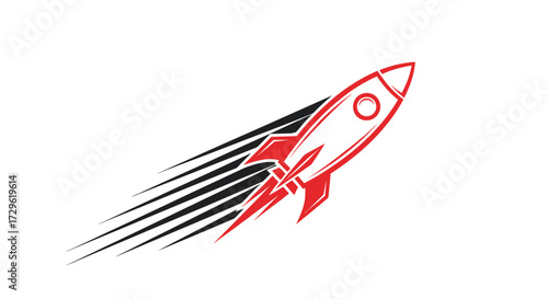 Red and white rocket soaring with speed lines.