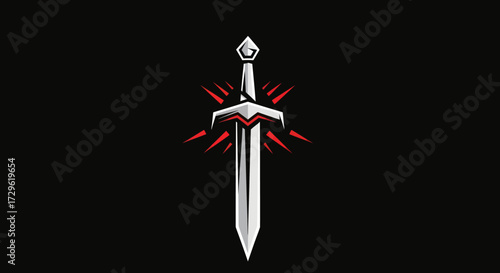 A detailed illustration of a fantasy sword with a metallic blade and red accents on the hilt.