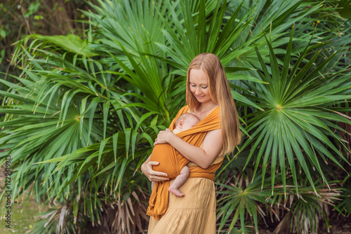 Mother holding her little baby in a yellow sling in the park. Warm and loving family moment. Babywearing, parenting, and mother-child bonding concept