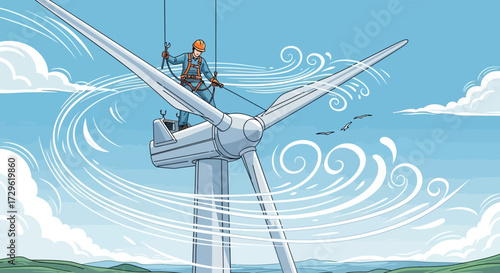 Technicians performing maintenance on a wind turbine high above the ground.