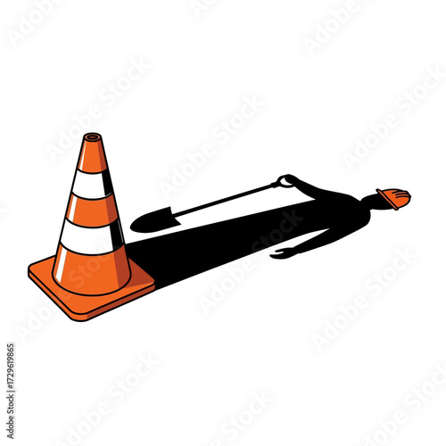 Traffic cone and shadow of a worker with a shovel.