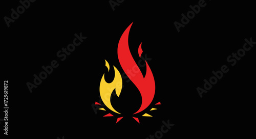 Stylized graphic representation of a vibrant burning fire icon with red and yellow flames.