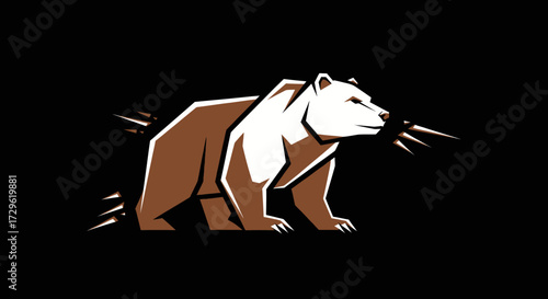 Stylized Brown and White Bear Walking with Determined Expression.