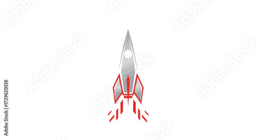 Futuristic rocket ship launching into space with bright red flames.