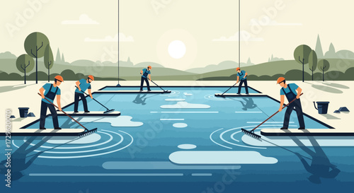 Workers cleaning water surface with tools in a serene environment.