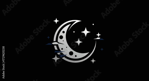 Stylized silver crescent moon with craters and stars icon.
