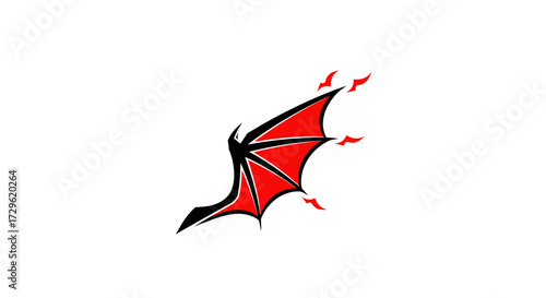 Stylized red bat wing with small flying creatures graphic.