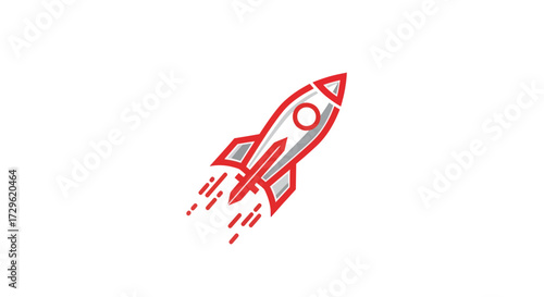 Red and White Rocket Launching into Space with Trail.