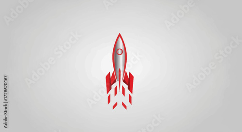 Sleek red and silver rocket ship blasting off with bright white flames illustration.