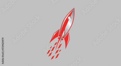 Stylized red and white rocket ship launching into space.