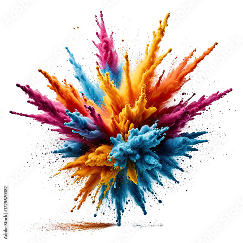 Explosion of vibrant colored powder in a dynamic burst against black backdrop