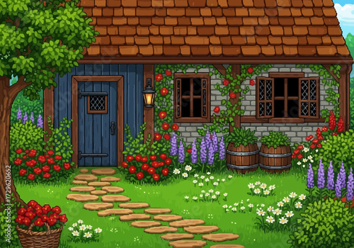 Charming pixel art cottage with a stone path and blooming garden