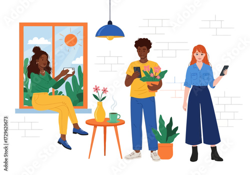 Diverse group of people interacting with technology and plants indoors