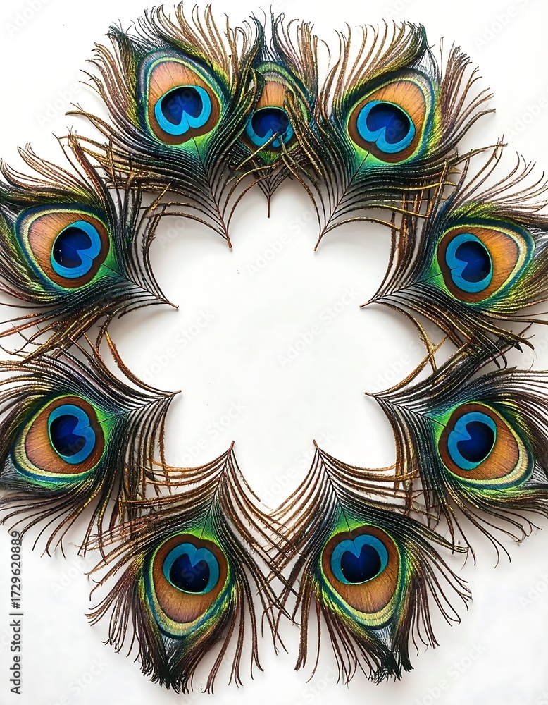 Obraz premium Peacock Feathers Arranged in a Circular Pattern on White Background