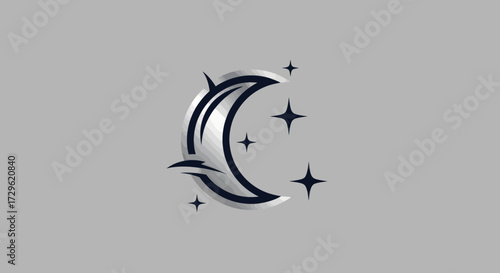 Silhouette of a crescent moon with stars stylized design metallic effect.