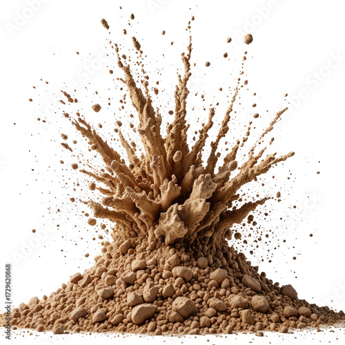 Brown powder erupts, creating a dynamic explosion, particles flying upwards