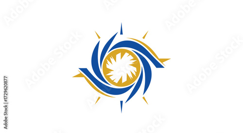Abstract blue and gold spiral sun compass logo design.