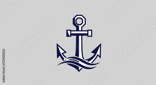 Nautical Anchor Symbol With Stylized Ocean Waves Graphic Design.