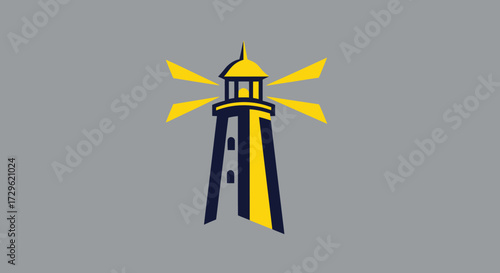 Stylized lighthouse logo with shining yellow light beams.
