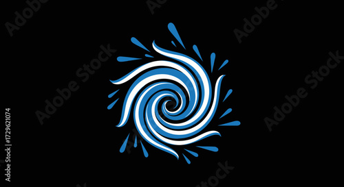Blue Swirl Design with Water Droplets on Black Background.