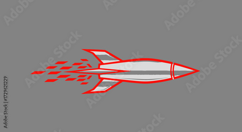 Sleek silver rocket accelerating with bright red exhaust flames.