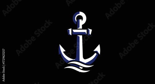 Classic nautical anchor symbol with stylized waves on dark background.