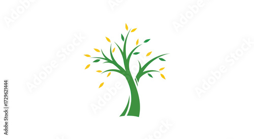 Stylized green tree with yellow and orange leaves.