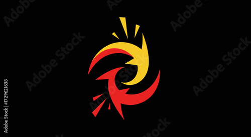 Dynamic logo design with intertwined stylized shapes vibrant colors and explosive elements.