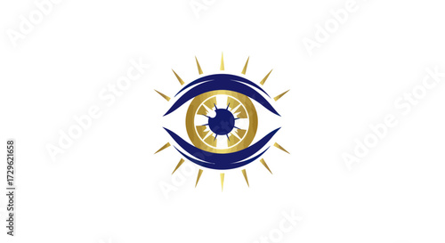 Stylized blue and gold eye with sunburst rays logo.