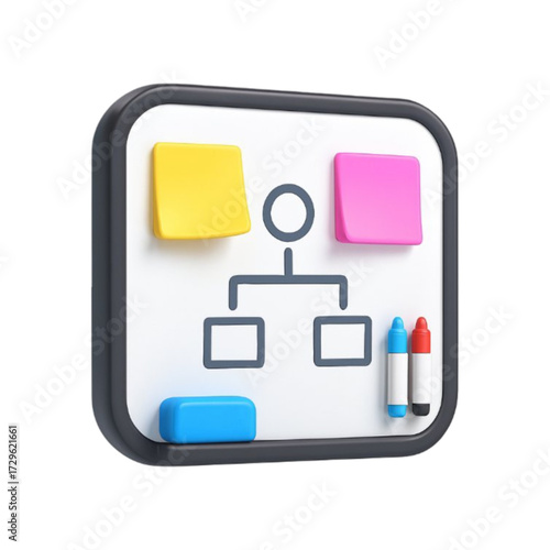 3d flowchart on a whiteboard with sticky notes and markers isolated on transparent background