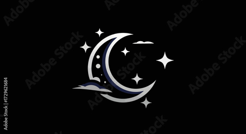 Crescent Moon and Stars Logo Design with Clouds and Sparkles.