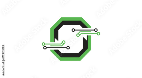Abstract technological symbol with circuit board elements and green octagon shape.