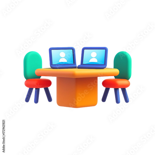 Two laptops on a table with chairs isolated on transparent background