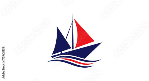 Stylized sailboat logo with red and blue sails on waves.