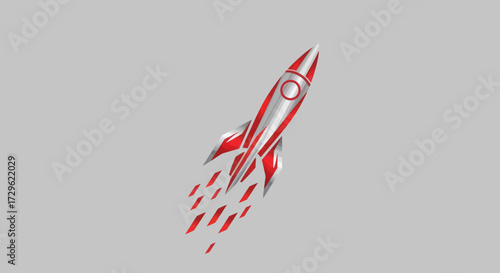 Stylized red and silver retro rocket ship launching into space.