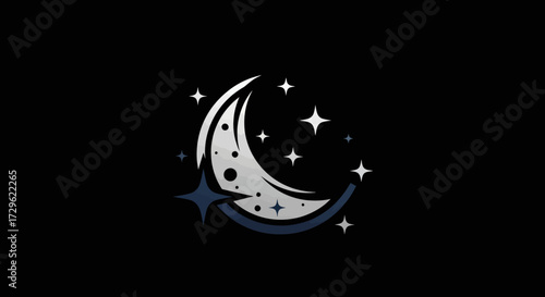 Stylized Crescent Moon and Sparkling Stars Illustration for Night Sky.